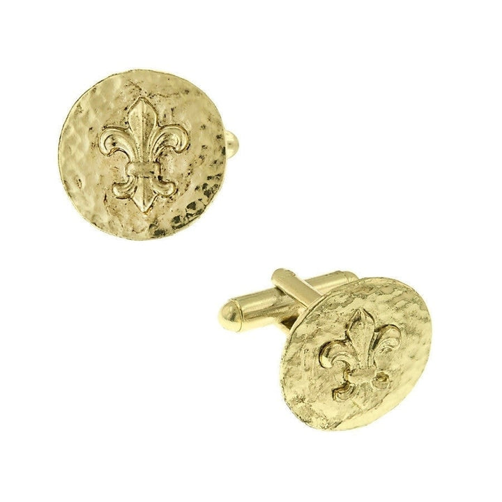 Hammered Fleur de Lis Cufflinks Gold Tone Round Cuff Links Image 1