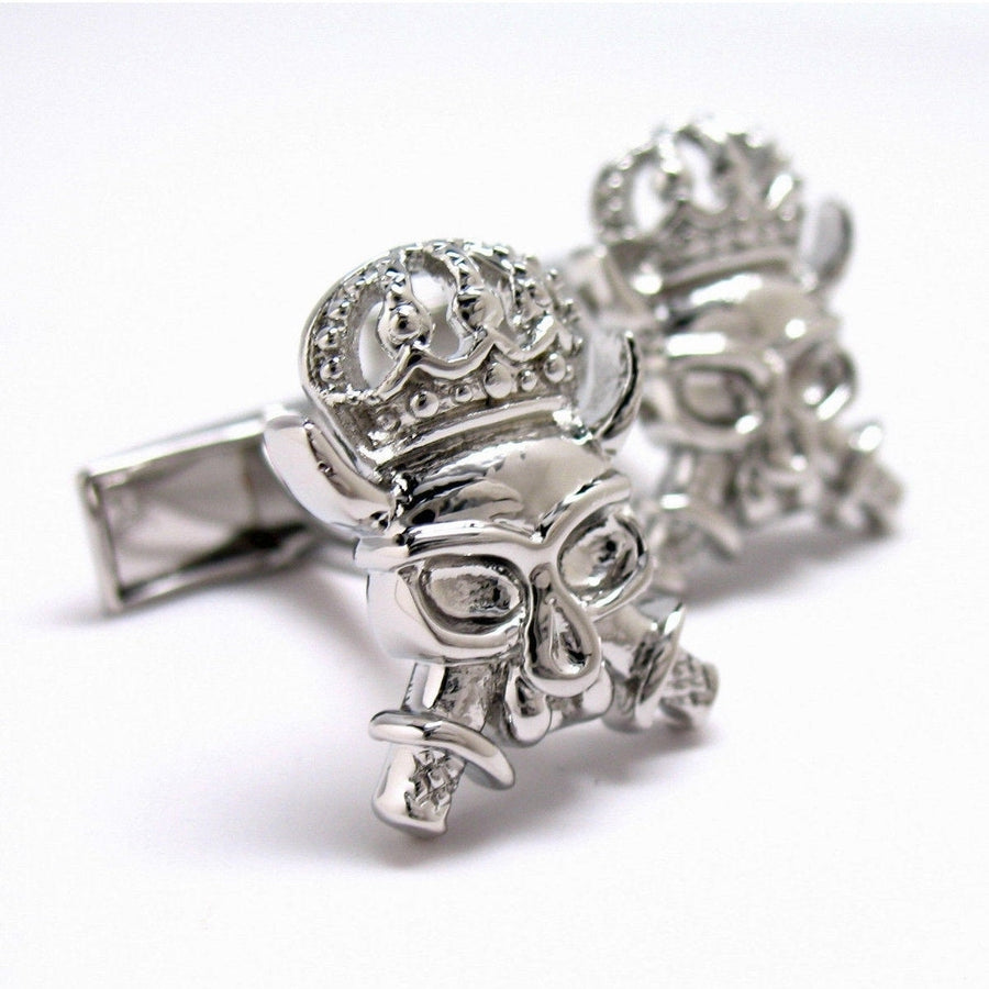 Skull King Cufflinks Silver Crown Skull Day of the Dead Pirate Cufflinks Halloween Skull Nightmares Silver Toned Cuff Image 1