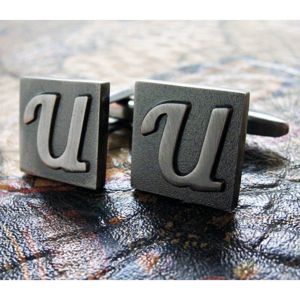 U Initial Cufflinks Gunmetal Square 3-D Letter U Lettering Vintage English Gunmetal Cuff Links Initials Groom Box Image 2