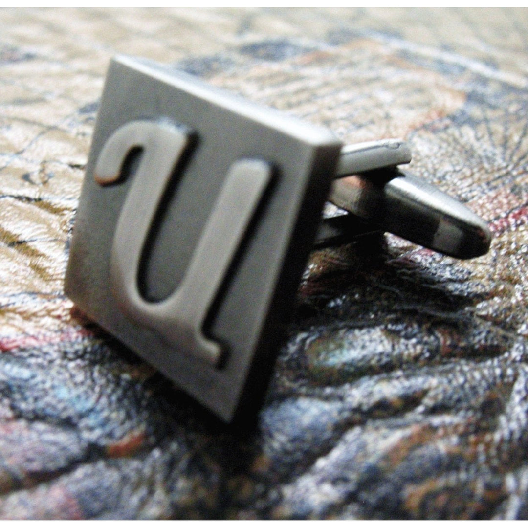 U Initial Cufflinks Gunmetal Square 3-D Letter U Lettering Vintage English Gunmetal Cuff Links Initials Groom Box Image 4