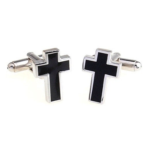 Silver with Black Simple Cross Religious Cross Cufflinks Cuff Links Image 2