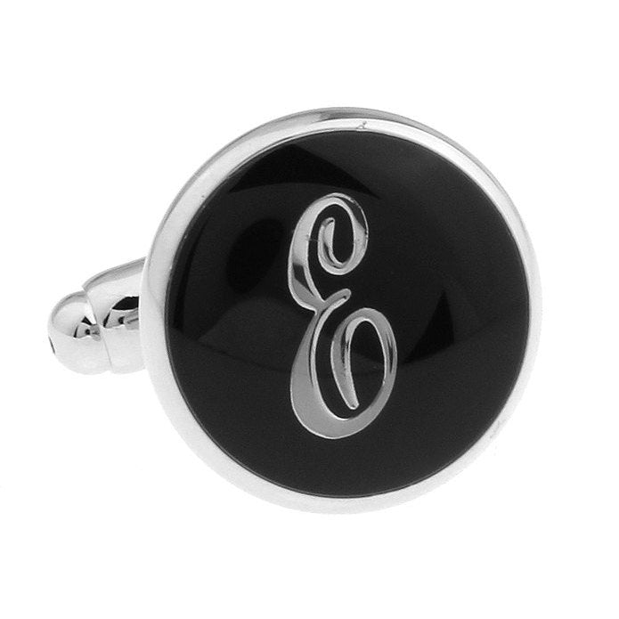 E Initials Cufflinks Silver Toned Round Black Enamel Script Letters Personalized Wedding Cuff Links Groom Father Bride Image 4