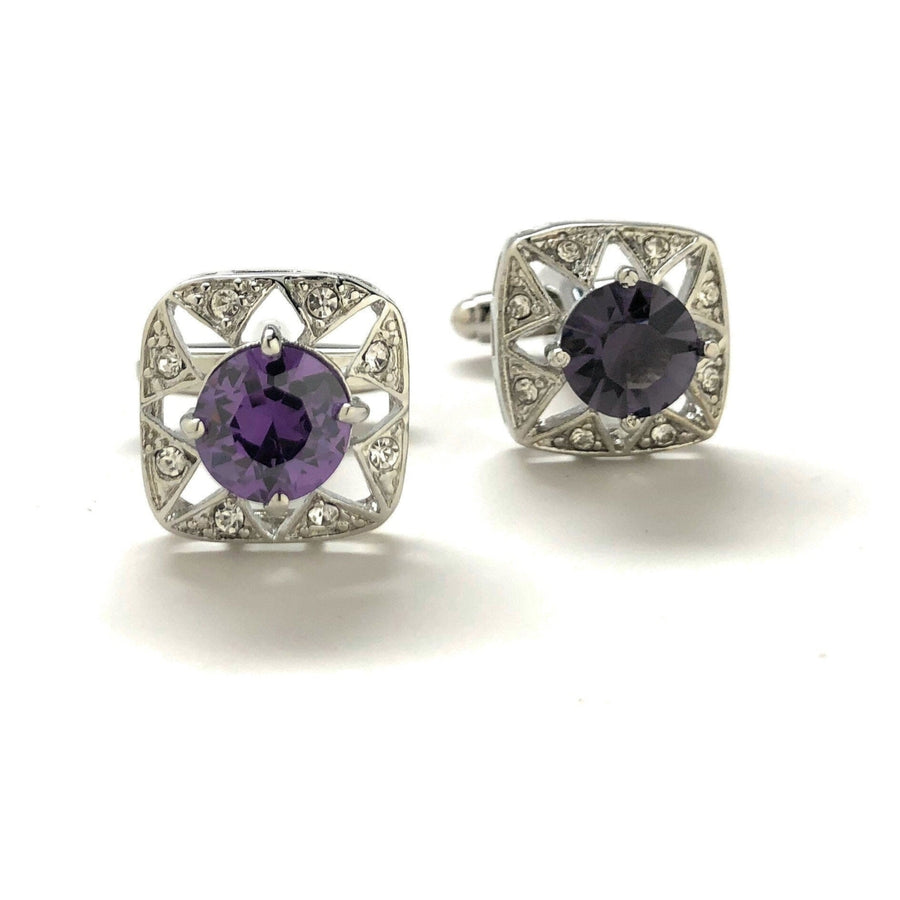 Amethyst Star Burst Cufflinks Center Stone Cut Purple Crystal Royal Crown Crystal Trim Cuff Links Comes with Gift Box Image 1