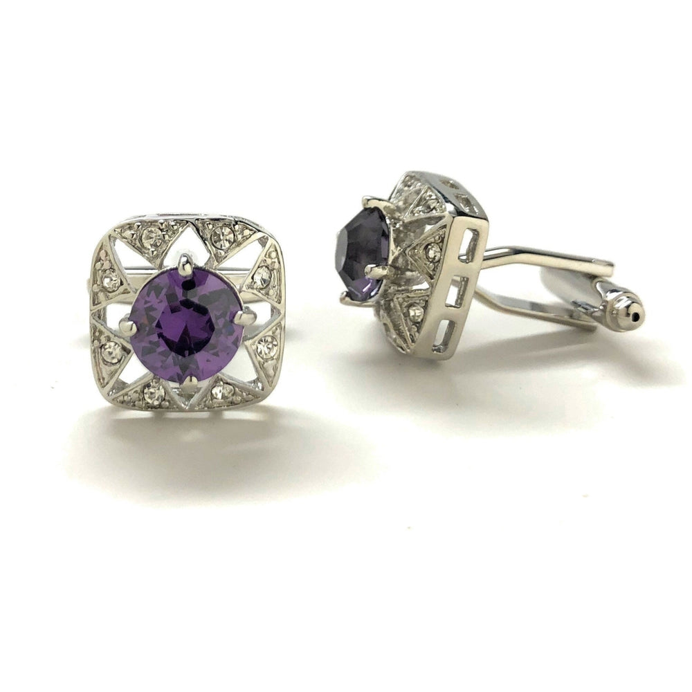 Amethyst Star Burst Cufflinks Center Stone Cut Purple Crystal Royal Crown Crystal Trim Cuff Links Comes with Gift Box Image 2