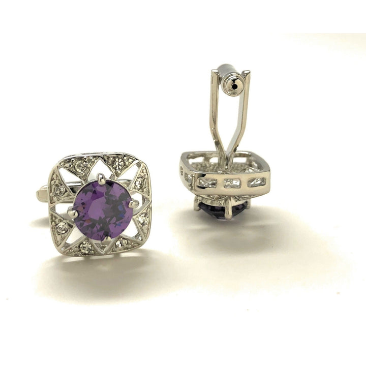 Amethyst Star Burst Cufflinks Center Stone Cut Purple Crystal Royal Crown Crystal Trim Cuff Links Comes with Gift Box Image 3