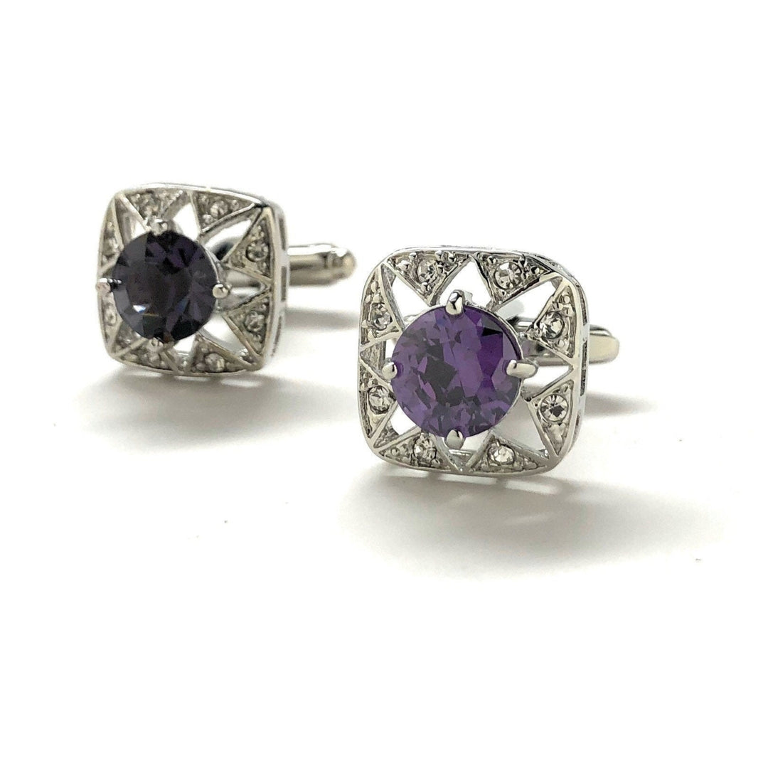 Amethyst Star Burst Cufflinks Center Stone Cut Purple Crystal Royal Crown Crystal Trim Cuff Links Comes with Gift Box Image 4