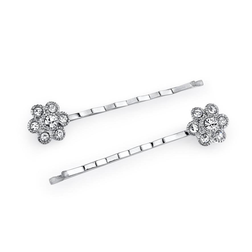 Glistening Flower Pin Silver Tone Elegant Crystal Bobby Pin Pair Hair Jewelry Image 1