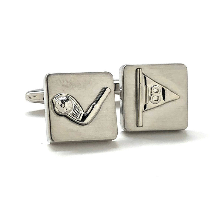 Flag and Golf Club Cufflinks Matt Finish Shinny Club 18 Flag Square Silver Tone Golf Sport Cool Fun Tournament Cuff Image 1