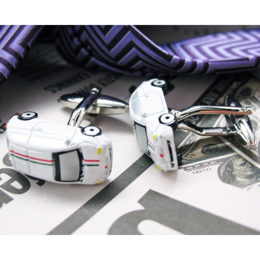 White Van Cufflinks Car Auto White Enamel Striped Cuff Links Image 1