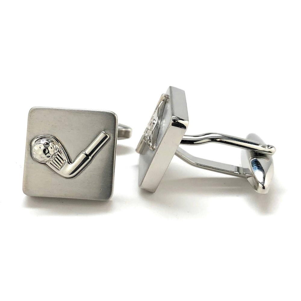 Flag and Golf Club Cufflinks Matt Finish Shinny Club 18 Flag Square Silver Tone Golf Sport Cool Fun Tournament Cuff Image 2