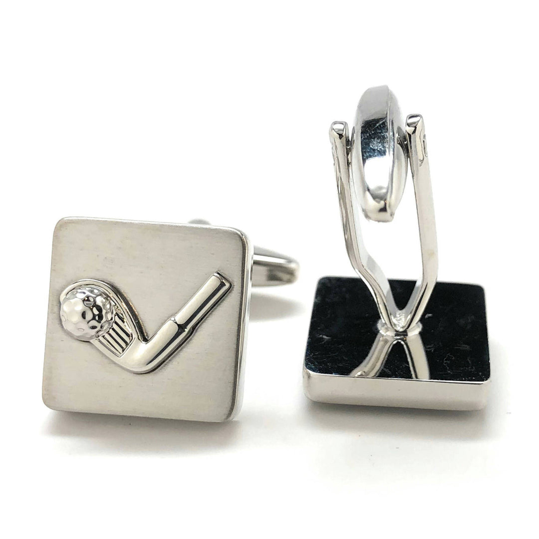 Flag and Golf Club Cufflinks Matt Finish Shinny Club 18 Flag Square Silver Tone Golf Sport Cool Fun Tournament Cuff Image 3