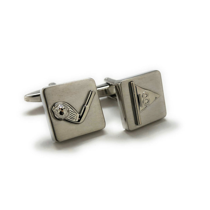 Flag and Golf Club Cufflinks Matt Finish Shinny Club 18 Flag Square Silver Tone Golf Sport Cool Fun Tournament Cuff Image 4