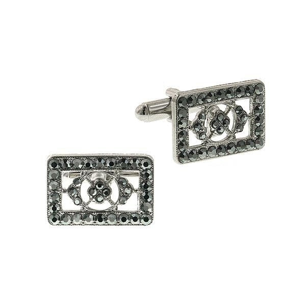 Silver Cufflinks Vintage With Black Pave Crystal Rectangle Cuff Links Image 1