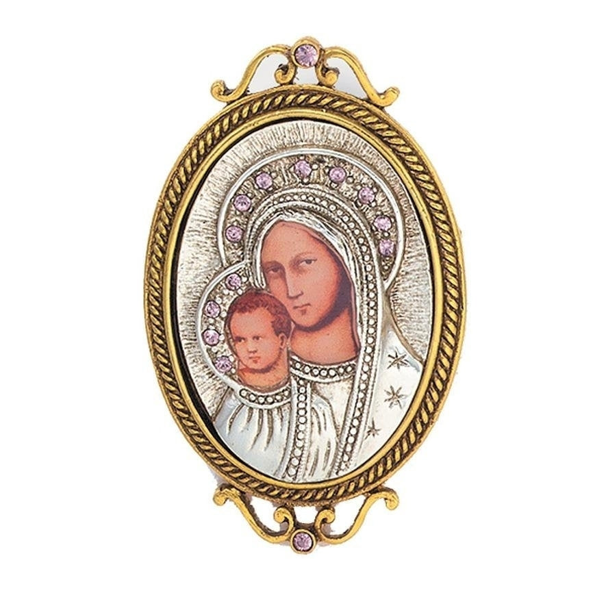 Mother Mary and Child Pin Brooch Purple Crystals Gold and Silver Tone Iconica Mary Pin Faith Jewelry Image 1