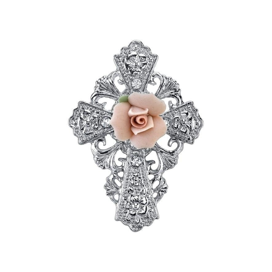 Cross with Porcelain Rose Brooch White Crystals Silver Tone Faith Jewelry Image 1
