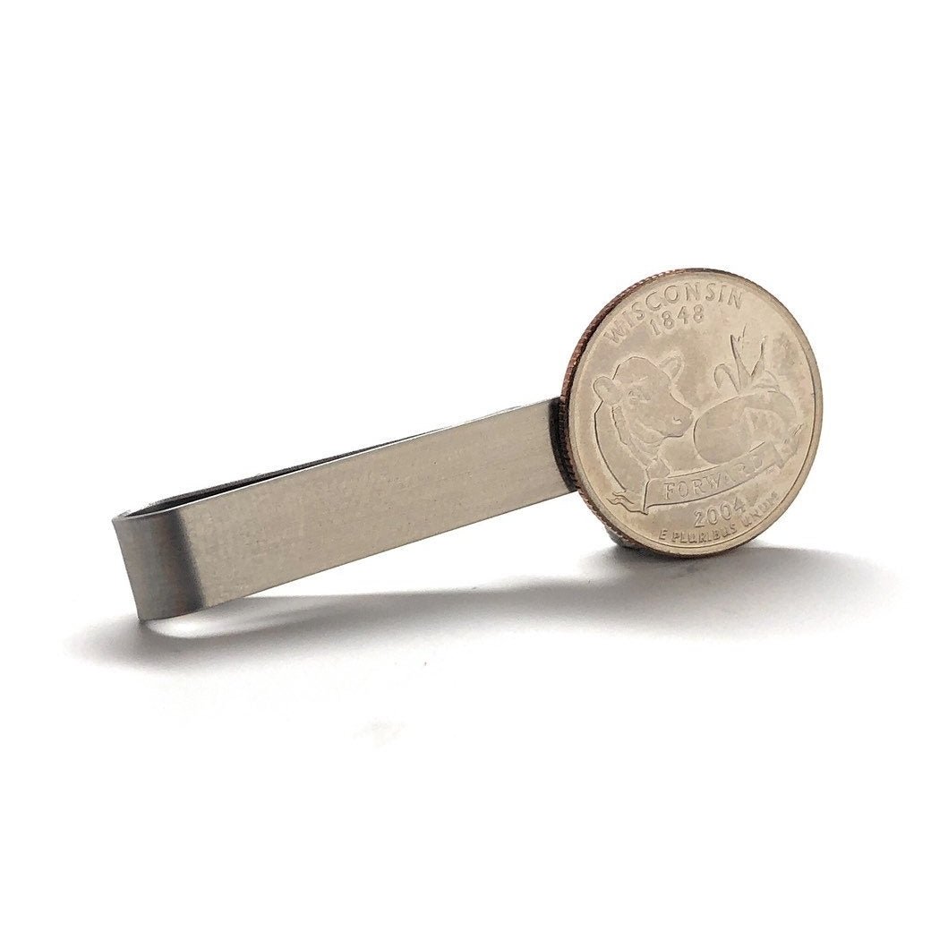Birth Year Wisconsin Coin Tie Clip Tie Bar Suit Flag State Coin Jewelry USA Keepsakes Cool Fun Gift Box  Cow Cheese Image 2