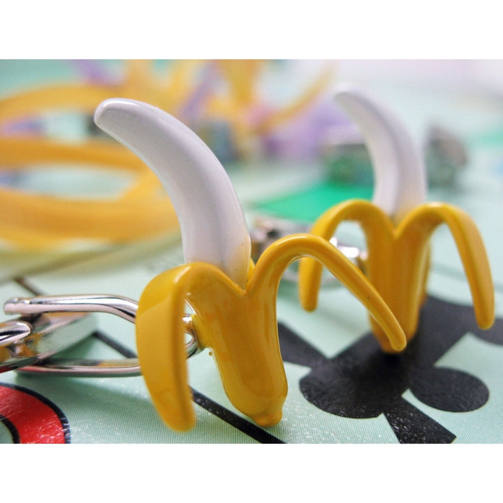 Banana Cufflinks Bright Yellow Enamel Fun Food Fruit 3D Cuff Links White Elephant Gifts Image 2