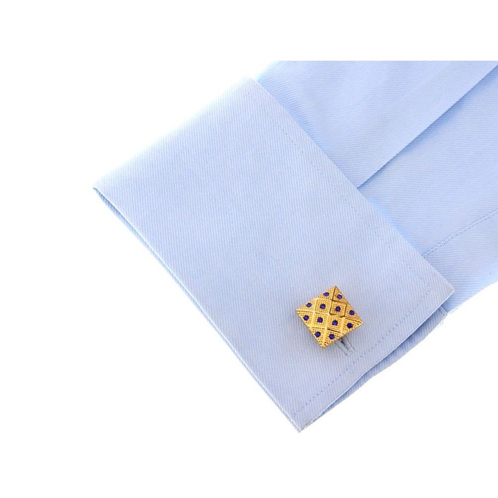 Gold Tone Blue Rock Crystals Cufflinks Criss Cross Pattern Square Diamond Detailed Cool Classic Look Head Turner Cuff Image 4