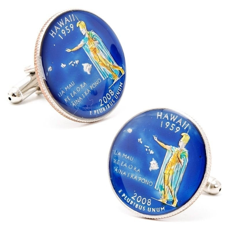 Enamel Cufflinks Hawaii State Quarter Blue Edition Coin Jewelry Enamel Coin United States Maui Hawaiian Polynesian Cuff Image 1