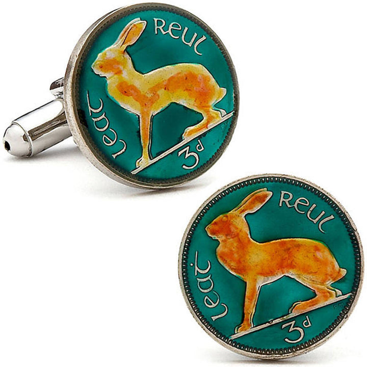 Enamel Cufflinks Irish Rabbit Enamel Coin Jewelry Hand Painted Ireland Cuff Links World Travel Great Souvenir Vintage Image 1