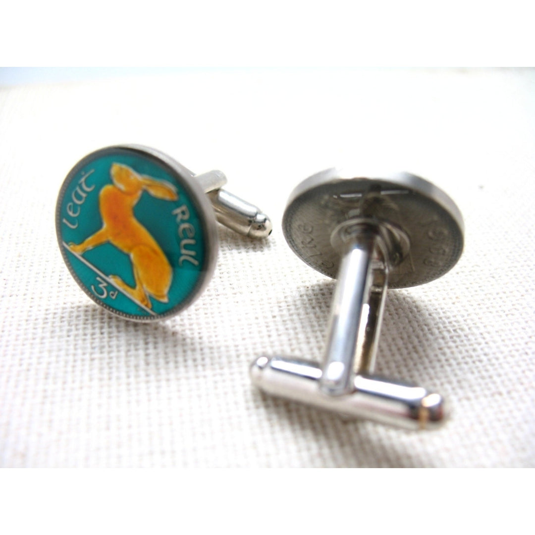 Enamel Cufflinks Irish Rabbit Enamel Coin Jewelry Hand Painted Ireland Cuff Links World Travel Great Souvenir Vintage Image 3