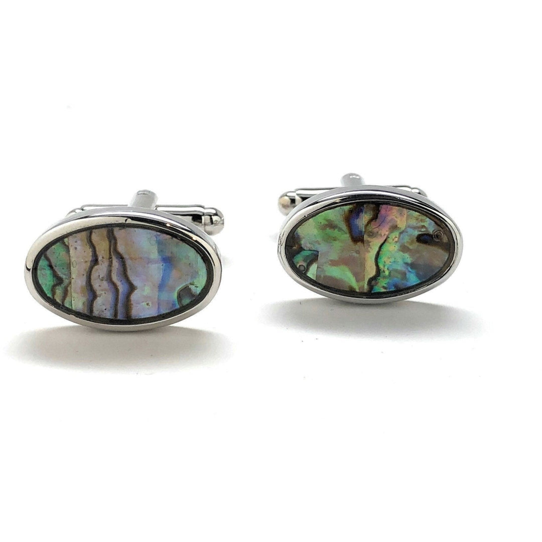 Abalone Shell Silver Trim Oval Cufflinks Distinctive Look Real Shell Cool Mother of Pearl Cuff Links Comes with Gift Box Image 4