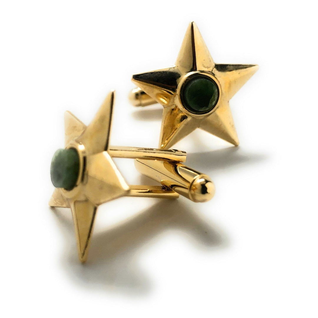 Jade Star Cufflinks Gold Tone Center Jade Stone Raised Wedding Cuff Links Gifts for Dad Husband Gifts for Him Image 2