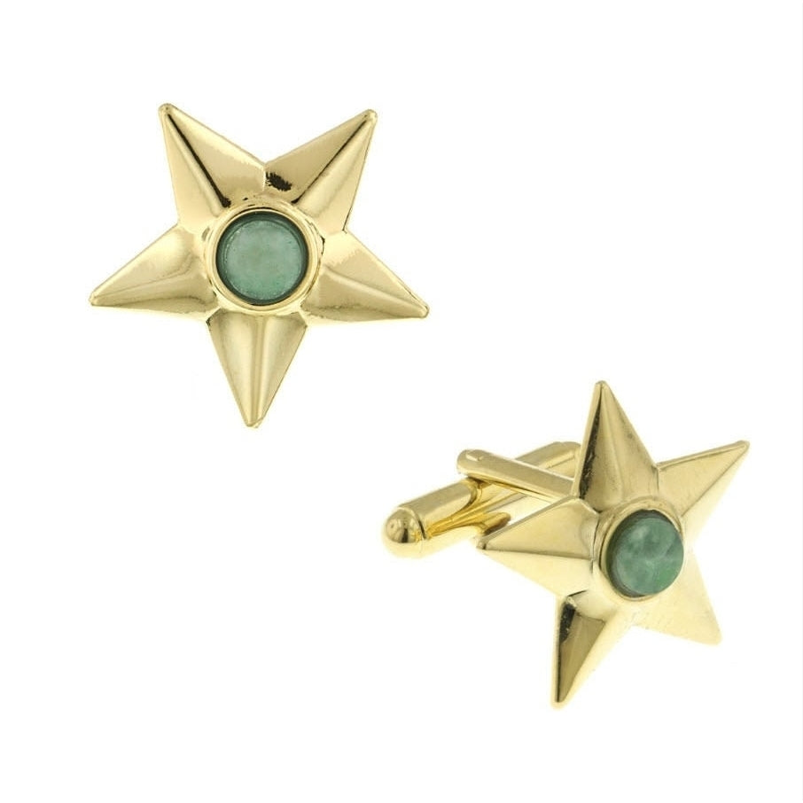 Jade Star Cufflinks Gold Tone Center Jade Stone Raised Wedding Cuff Links Gifts for Dad Husband Gifts for Him Image 4