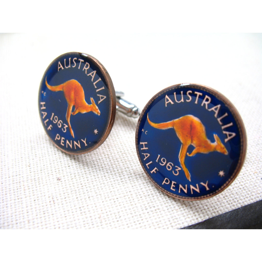 Australia Cufflinks Australia Blue Kangaroo Half Penny Cuff Links Animal Australian Hand Painted Enamel Coin Jewelry Image 1