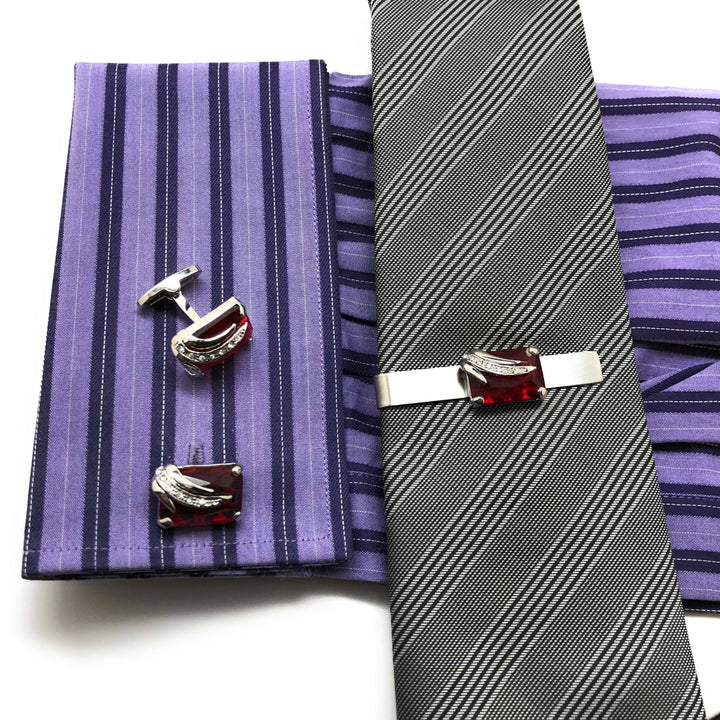 Jeremiah Bloodstone Cufflinks and Matching Tie Bar Set Elite Cut Red Crystal Silver Wing Band White Crystals Whale Tail Image 4