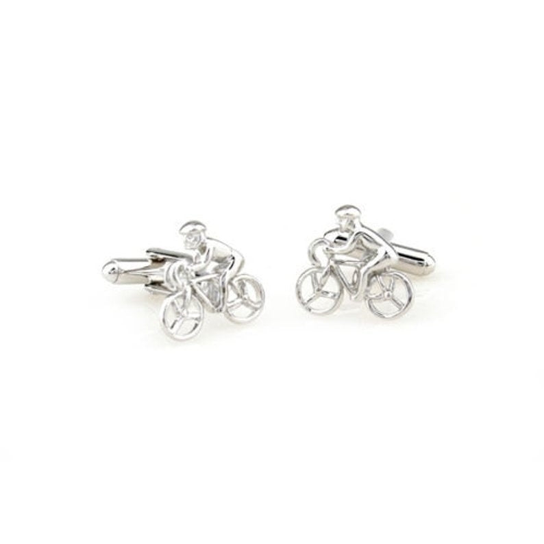 Silver Tone Bike Cyclist Cufflinks I Like to Ride My Bicycle Cuff Links Image 1