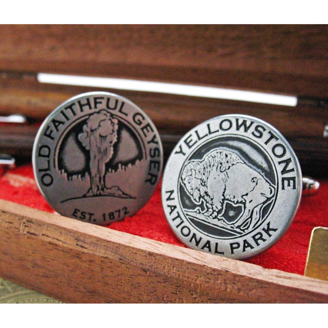 Yellowstone Buffalo and Old Faithful Token Cufflinks Silver Toned Classic Yellow Stone Park Transit Tokens Cuff Links Image 2