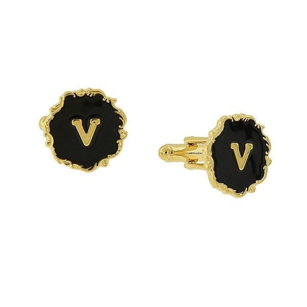 Letter V Cufflinks Gold Tone Scrolled Edged Black Enamel Initial "V" Cuff Links Groom Father Bride Wedding Anniversary Image 1