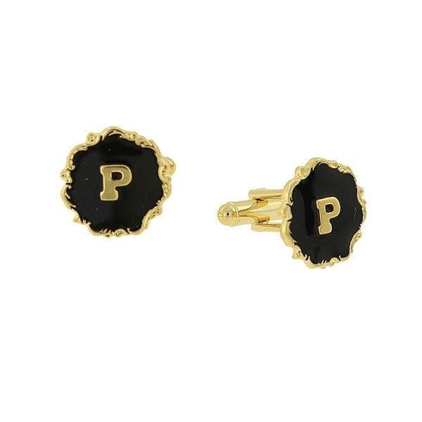 Initial Cufflinks Letter P Cufflinks Gold Scrolled Edged Black Enamel P Cuff Links Groom Father Bride Wedding Image 1