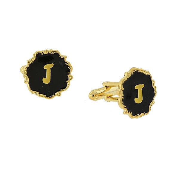 Letter J Cufflinks Gold Tone Scrolled Edged Black Enamel Initial "J" Cuff Links Groom Father Bride Wedding Anniversary Image 1