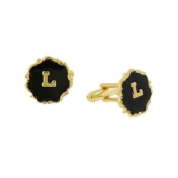 Letter L Cufflinks Gold Tone Scrolled Edged Black Enamel Initial "L" Cuff Links Groom Father Bride Wedding Anniversary Image 1