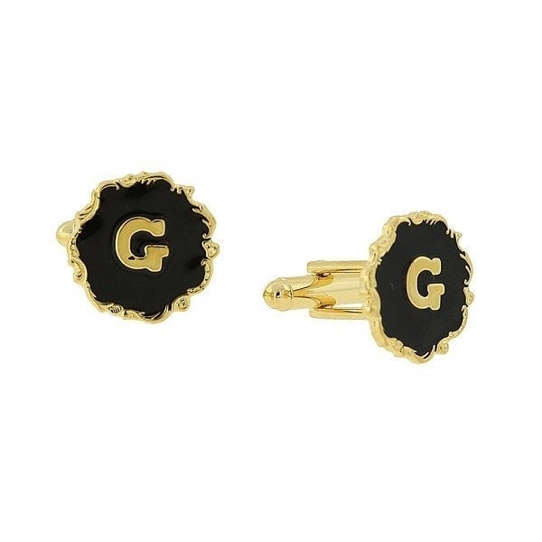 G Letter Cufflinks Gold Tone Scrolled Edged Black Enamel Initial "G" Cuff Links Comes with Gift Box Father s Day Image 1