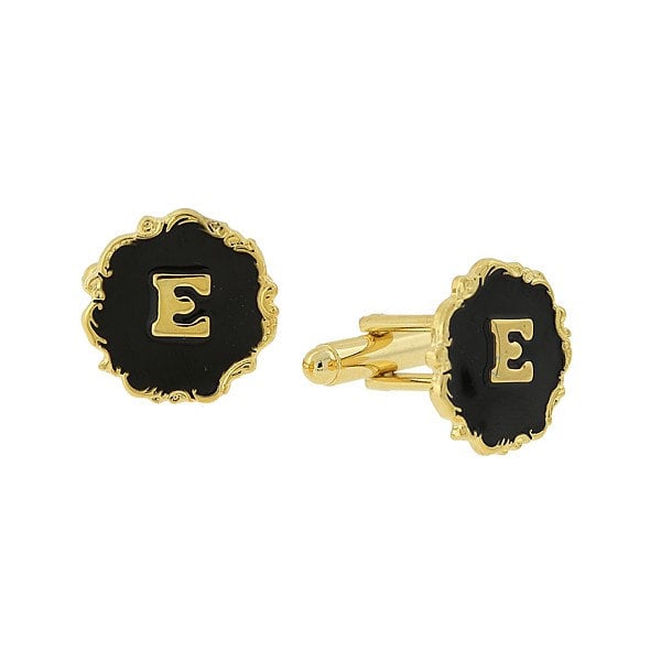 Letter E Cufflinks Gold Scrolled Edged Black Enamel Initial "E" Cuff Links Groom Father Bride Wedding Anniversary Father Image 1