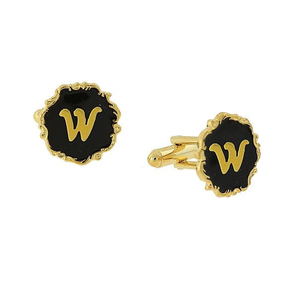 Letter W Cufflinks Gold Tone Scrolled Edged Black Enamel Initial "W" Cuff Links Groom Father Bride Wedding Anniversary Image 1