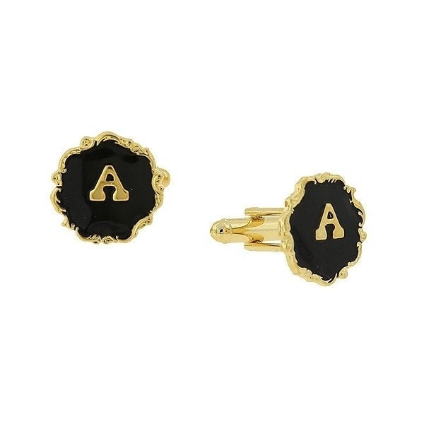 Letter A Cufflinks Gold Tone Scrolled Edged Black Enamel Initial "A" Cuff Links Groom Father Bride Wedding Anniversary Image 1