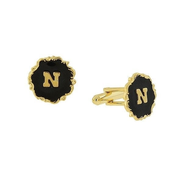 Letter N Cufflinks Gold Tone Scrolled Edged Black Enamel Initial "N" Cuff Links Groom Father Bride Wedding Anniversary Image 1