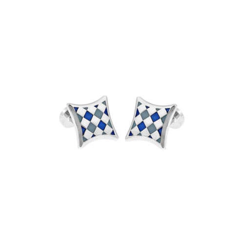 Grey and Blue Enamel Silver Weave Diamond Shapes Straight Post Cufflinks Cuff Links Image 2