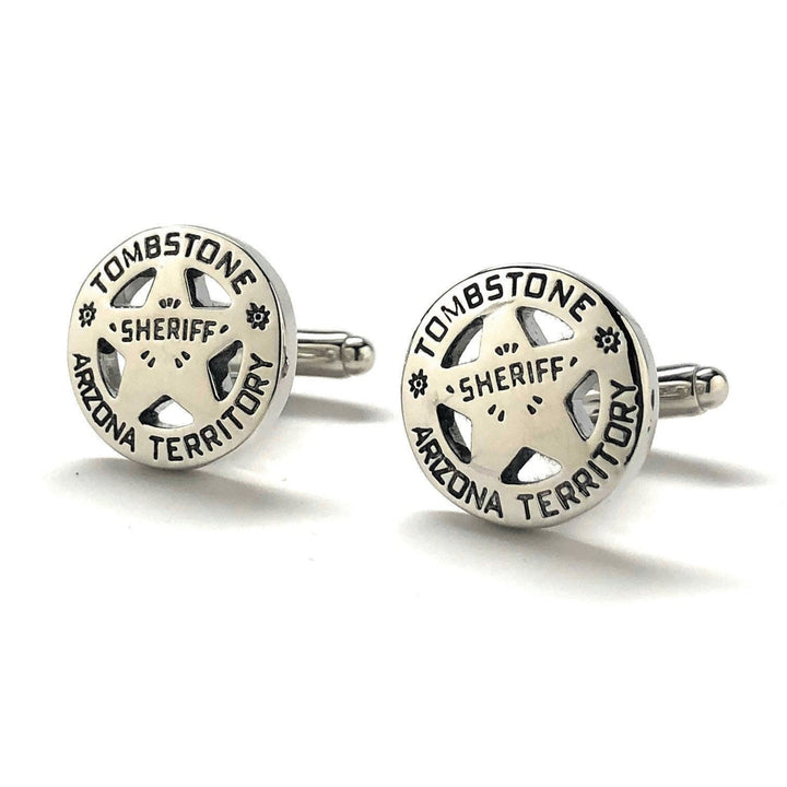 Sheriff Badge Tombstone Arizona Cufflinks Old West Shinny Silver Tone Territory Sheriff Cowboy Cuff Links Gifts for Law Image 4