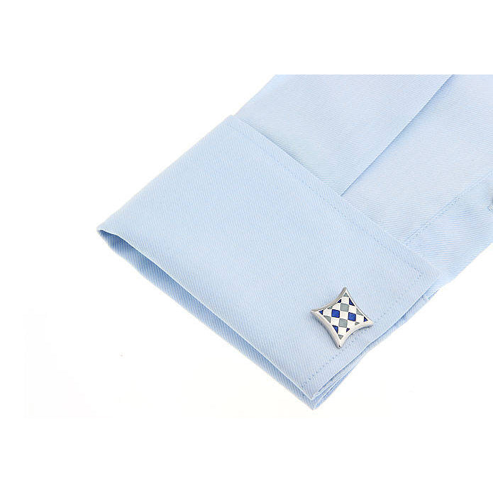 Grey and Blue Enamel Silver Weave Diamond Shapes Straight Post Cufflinks Cuff Links Image 4