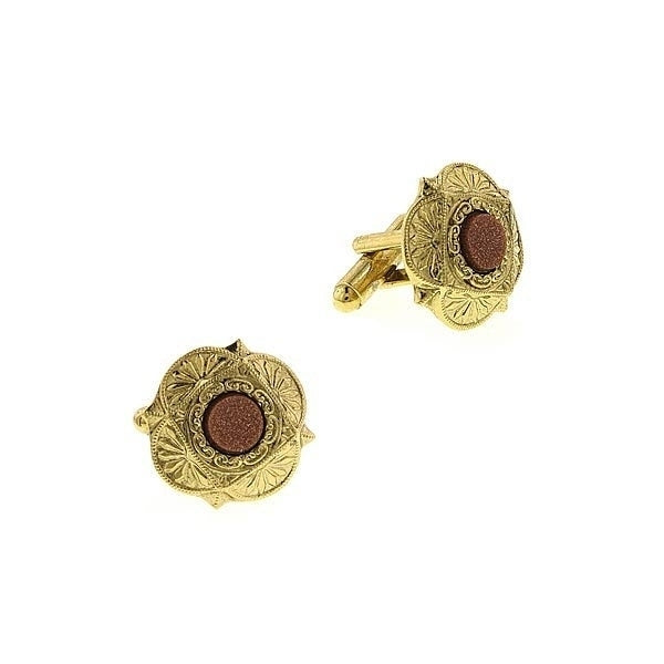 Scalloped Sandstone Cufflinks Gold Tone Sunset Orange Ornate Cuff Links Image 1