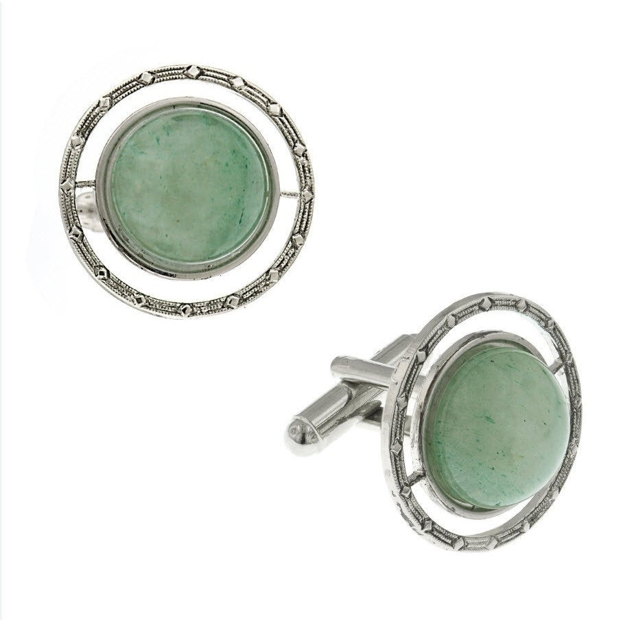 Embossed Whistler Cufflinks Silver Tone Round Jade Cuff Links Cufflinks Cuff Links Image 1