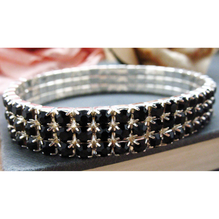 Black Stretch Bracelet Sparkling Crystales Silver Toned Tennis Bracelet Image 3
