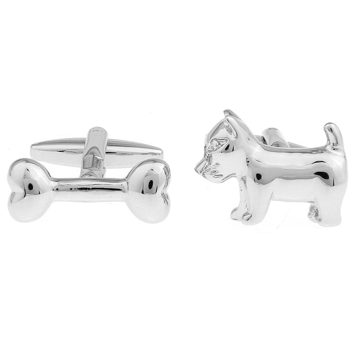 Silver Dog with a Bone Mans Best Friend Puppy Cufflinks Cuff Links Image 1