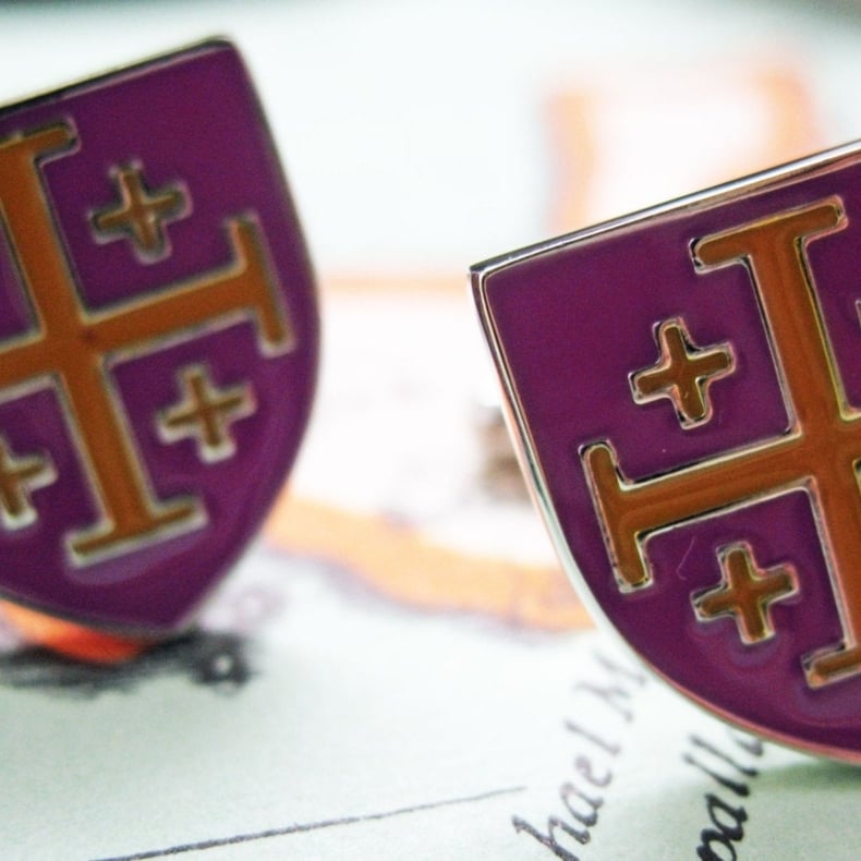 Crusader Cross Cufflinks Purple and Yellow Enamel Shield Cuff Links Image 1