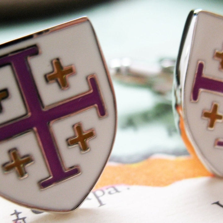 Crusader Cross Cufflinks White with Purple Yellow Enamel Shield Cuff Links Image 1